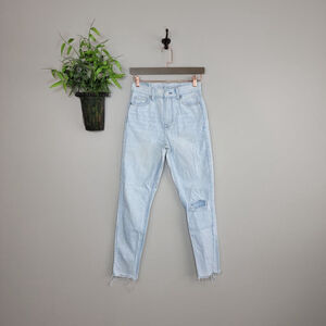American Eagle Hi Rise Mom Jeans Light Blue Distressed Raw Hem Tapered Leg AE 0